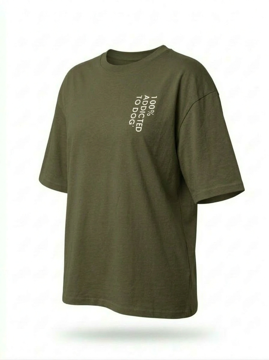 T-Shirt Oversize 100% Addicted To Dog Verde Militare